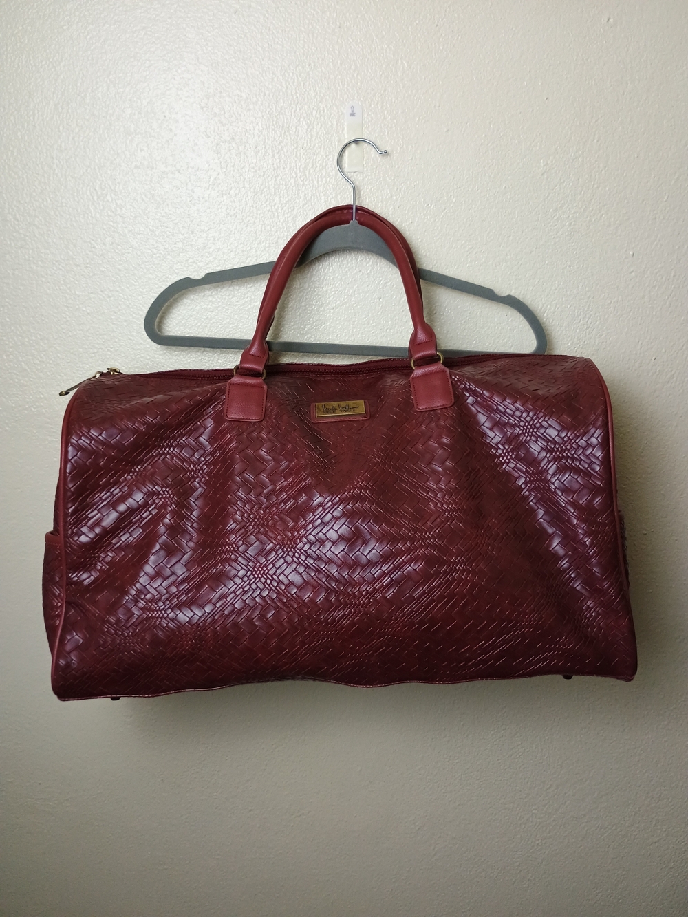 Nicole Miller Woven-Texture Weekender Travel Duffel Bag in Deep Red